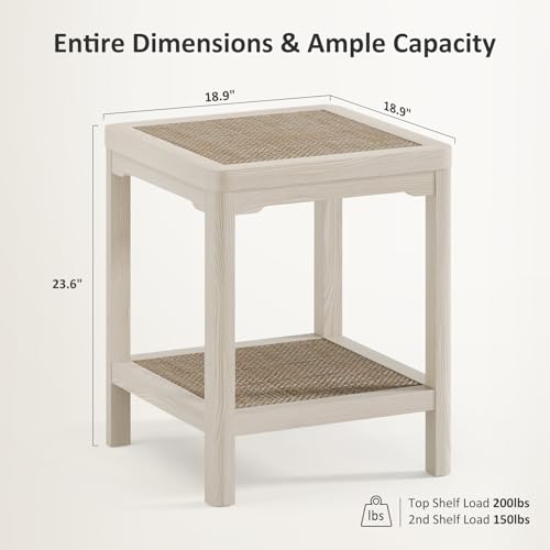 Square Rattan End Table Side Table Set of 2 with Round Edge Design (Creamy White, Square)