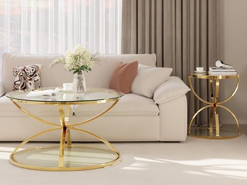 2Pcs Round Glass Coffee Table and End Table Sets with 2 Tiers (Medium / Golden)