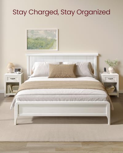 Farmhouse Wood Nightstands with Charging Station (Rustic White / 1 PACK)