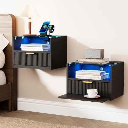 Modern Floating Nightstand Set of 2 with Charging Station & Light (Black)