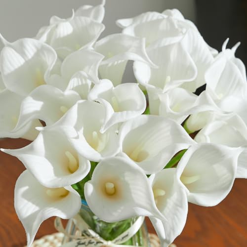 30 PCS Artificial Calla Lily Flowers Bouquet Faux Branches for Vase Fake Flower 14" Real Touch for DIY Mother's Day Wedding Party Decoration Pure White (White)