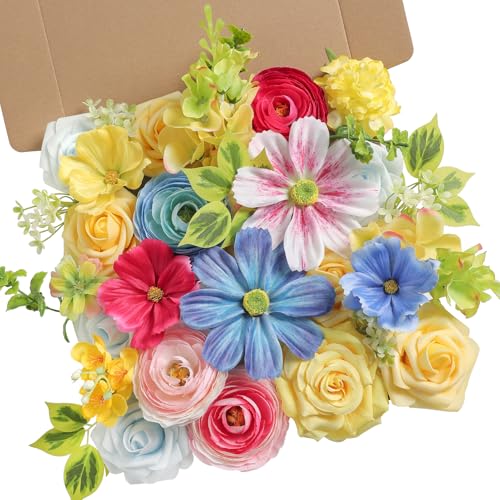 Artificial Flowers Combo Set Faux Flowers Bulk Flower Leaf with Stems for DIY Wedding Bouquets Centerpieces Baby Shower Party Home Decorations (Rainbow)