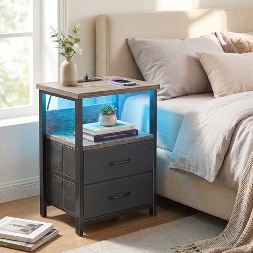 Night Stand with Charging Station (15.7"D x 11.8"W x 23.6"H (2 drawers) / Power+Light (1pc) / French Oak)