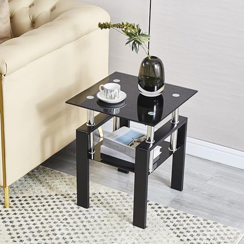 Set of 2 Black Glass End Tables (Black Top With Black Leg)