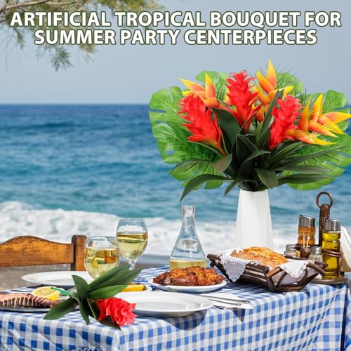 12 Pcs Artificial Tropical Bouquet Artificial Tropical Flowers Centerpieces for Tables Bromeliad Monstera Palm Leaves and Heliconia for Hawaiian Party Birthday Wedding Table Decor
