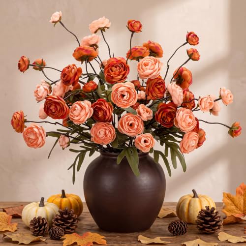 Rivrlive 12 Pcs Fall Orange Ranunculus Artificial Flowers (Orange)