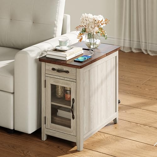 Set of 2 Charging End Tables with USB Ports (Washed Grey and Brown / Glass Door)