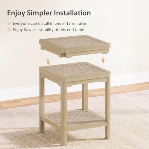 Square Rattan End Table Side Table with Round Edge Design (Light Oak, Square)