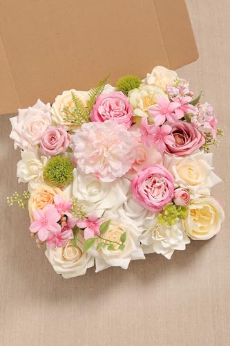 Artificial Flowers Combo Box Set for DIY Wedding Bouquets Centerpieces Arrangements Bridal Shower Party Home Decorations (Milky White&pink)