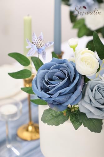 Artificial Flowers Combo Dusty Blue Silk Flowers for Wedding Decor (Dusty Blue &Navy,white / 1 Box)