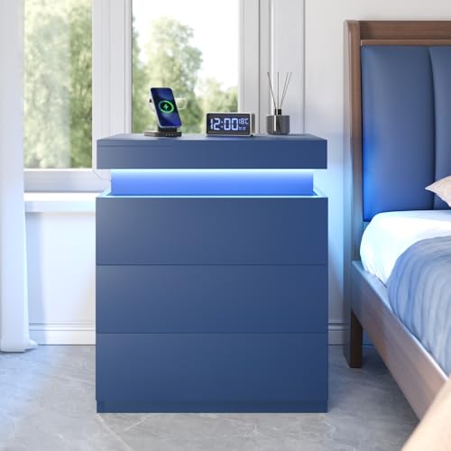 Navy Blue Modern Nightstand with LED Lights (Navy Blue)