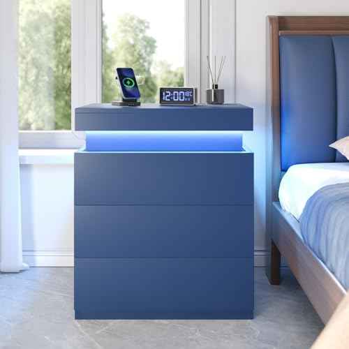 Navy Blue Modern Nightstand with LED Lights (Navy Blue)
