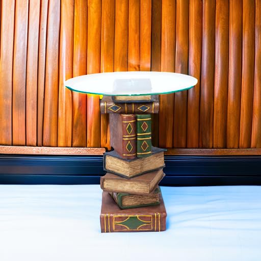 Stacked Volumes Vintage Book Decor End Table with Glass Top