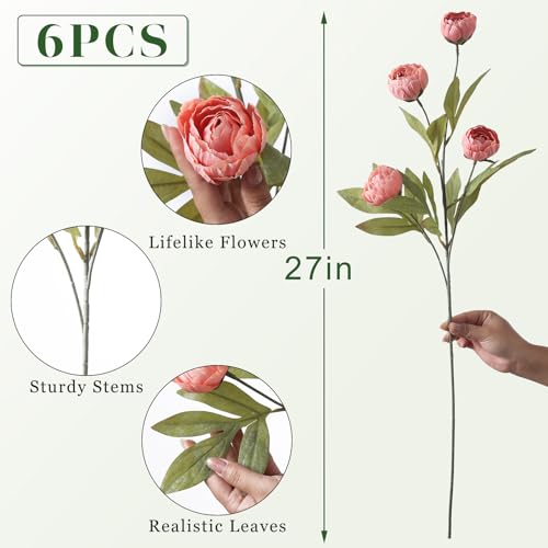6 Pcs 27" Faux Silk Peony Artificial Flowers Stems for Vase (Dusty Pink)
