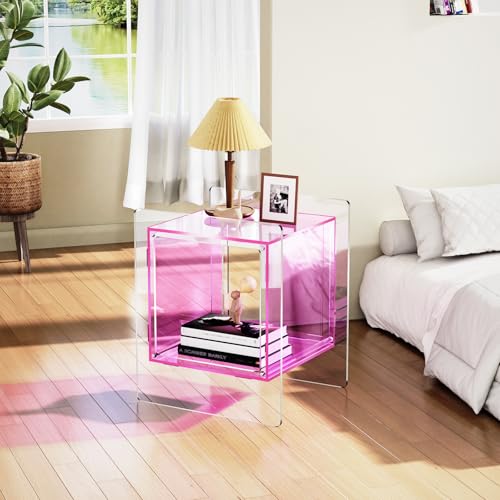 Acrylic Nightstand Colorful Bedside Table with Open Storage Shelf (Pink)
