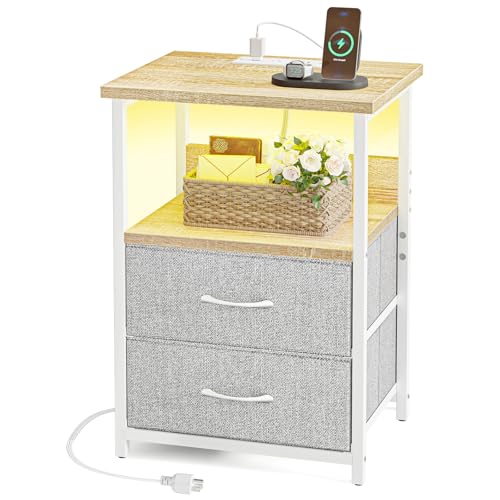 Night Stand with Charging Station (15.7"D x 11.8"W x 23.6"H (2 drawers) / Power+Light (1pc) / Natural Oak & Light Grey)