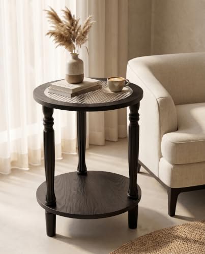 Matte Black Round 2‑Tier Mid‑Century Modern End Table with Glass (Black)