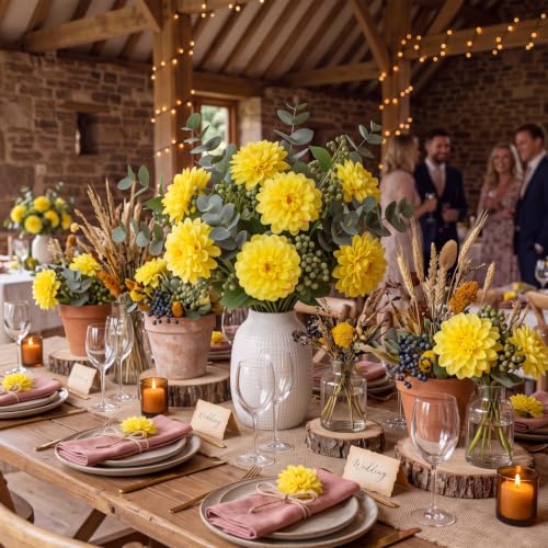 100pcs Yellow Artificial Dahlia Flowers with Stems (Yellow)
