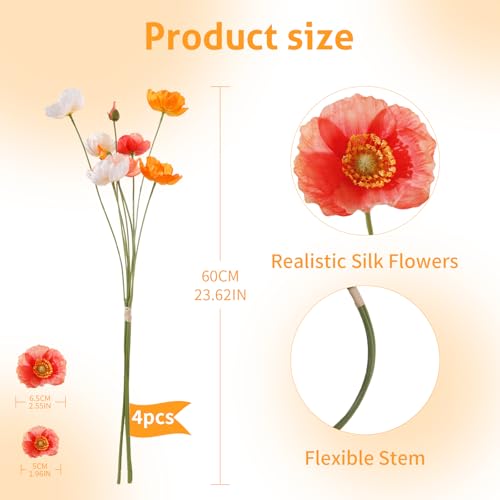 12PCS 36Heads Artificial Poppy Flowers with Stems (Champagne Orange+orange+tangerine)