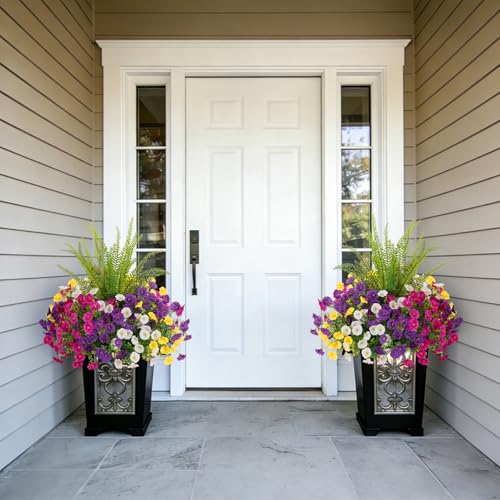 Artificial Flowers Fake Plants for Outdoors Decoration (Darkpurple Lightpurple Yellow White Fern)