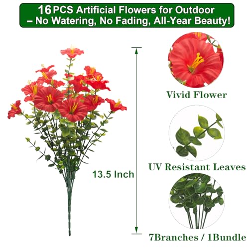 16PCS UV Resistant Artificial Morning Glory Flowers with Eucalyptus (Red)