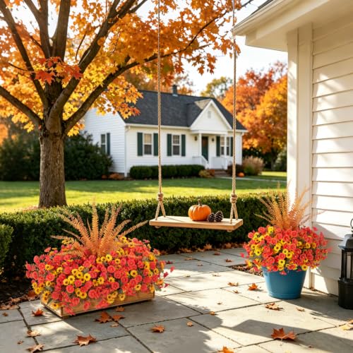 Artificial Fall Mums Flowers Fake Plants for Outdoors Decoration (3 Mixed Colors(6 Yellow,6 Orange,1 Fern))
