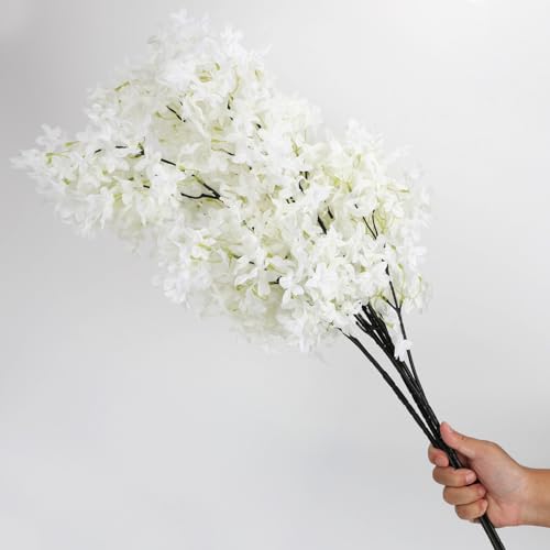 4PCS 38inch Lilac Artificial Flowers White Fake Delphinium Long Stem Silk Real Touch Flower Faux Lilac Floral Arrangement for Tall Vase Table Centerpieces Wedding Garden Home Decoration (38inch White / 4 Pcs)
