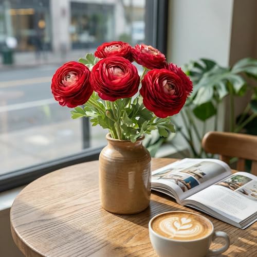 Artificial Ranunculus Flowers with Real Touch Stem (Red / 6)