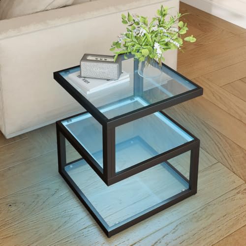3 Tier Floating Side Table with Clear Tempered Glass and Metal Frame (Black)