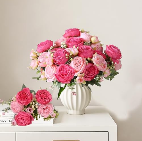 Pink Peonies Artificial Flowers 12 Bouquets (Rose Red + Pink)
