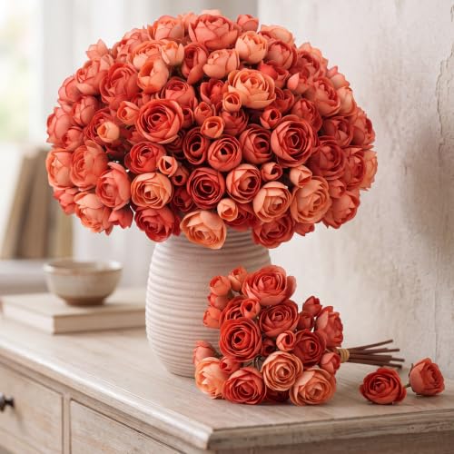 48 Pcs Ranunculus Artificial Flower (Orange-red)