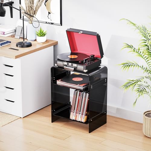 Acrylic Record Player Table with Storage Shelf (Black / Large)