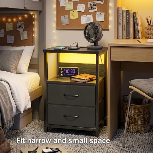Night Stand with Charging Station (15.7"D x 11.8"W x 23.6"H (2 drawers) / Power+Light (1pc) / Black)