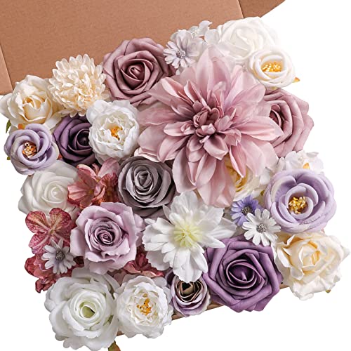 Artificial Flowers Combo Box Set Faux Flowers Bulk Flower Leaf with Stems Arrangements for DIY Wedding Bouquets Party Table Centerpieces Home Decorations Indoor Outdoor (Light Purple)