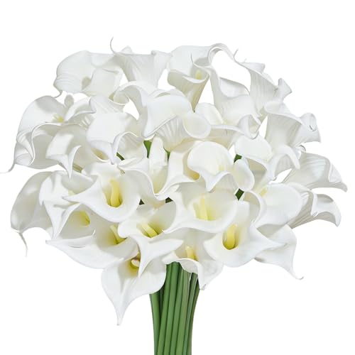 30 PCS Artificial Calla Lily Flowers Bouquet Faux Branches for Vase Fake Flower 14" Real Touch for DIY Mother's Day Wedding Party Decoration Pure White (White)