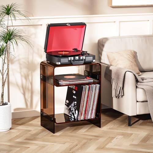 Acrylic Record Player Table with Storage Shelf (Dark Brown / Large)
