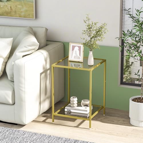 Side Tables Set of 2 with Tempered Glass (Gold / 15.7"D x 15.7"W x 23.6"H)