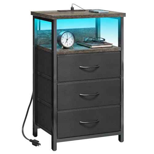 Night Stand with 3 Fabric Drawers (15.7"D x 11.8"W x 26.9"H (3 drawers) / Power+Light (1pc) / Charcoal Gray)