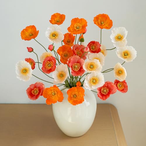 12PCS 36Heads Artificial Poppy Flowers with Stems (Champagne Orange+orange+tangerine)