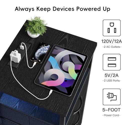 Night Stand with 3 Drawers (15.7"D x 11.8"W x 26.9"H (3 drawers) / Power+Light (1pc) / Black)