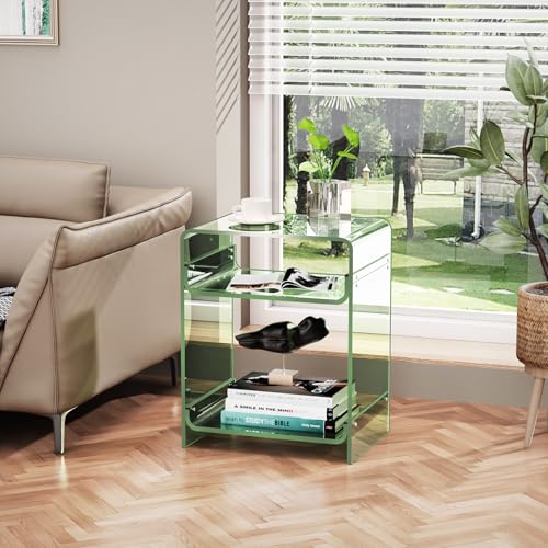 Acrylic End Table Record Player Table with Storage Shelf Clear Side Table Nightstand (Green)