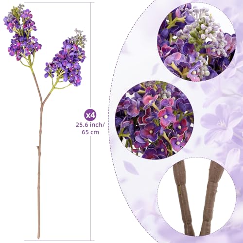 4PCS 25.6inch Lilac Artificial Flowers Deep Purple Fake Delphinium Long Stem Silk Real Touch Flower Faux Lilac Floral Arrangement for Tall Vase Table Wedding Garden Home Decoration（Deep Purple） (25.6inch Deep Purple / 4 Pcs)