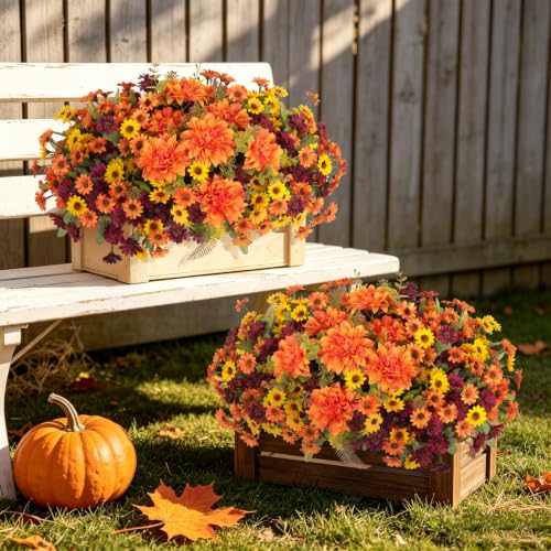 Artificial Fall Flowers Fake Mums Plants for Outdoors Decoration (4 Mixed Colors(4 Yellow, 4 Orange, 4 Fuchsia,1 Dahlia ))