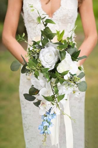 8PCS Blue Delphinium Artificial Flowers 29.5" Combo Clematis Greenery 23.6" Long Stem Flowers for Tall Vase Larkspur Silk Flowers Floral Arrangements Table Party Home Decor (Blue)