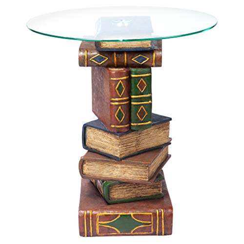 Stacked Volumes Vintage Book Decor End Table with Glass Top
