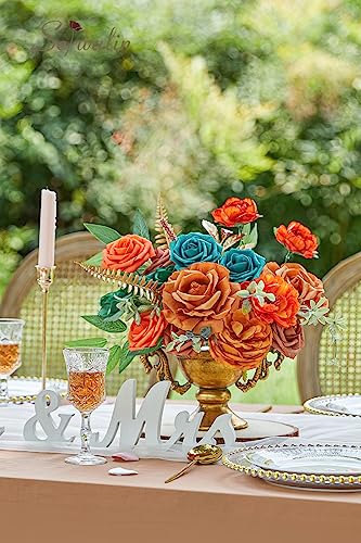 Teal Burnt Orange Silk Flowers Fall Artificial Flowers for Wedding (A Athens Orange Teal Blue / 2 Boxes)
