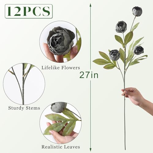 12 Pcs 27" Faux Silk Peony Artificial Flowers Stems for Vase (Dark Gray)