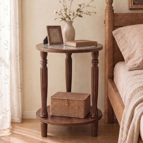 Walnut Brown Round 2‑Tier French Vintage End Table with Glass (Walnut Brown)