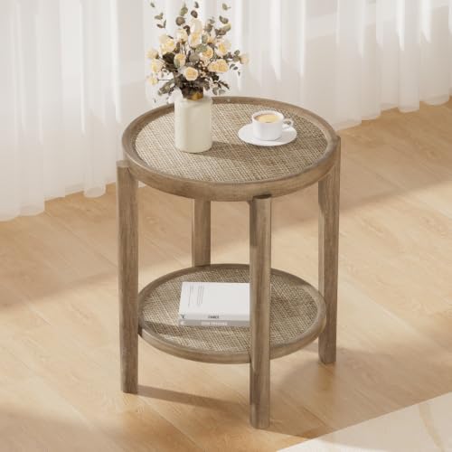 Rattan Round Side Table End Table with Storage Shelf (Caramel Oak, Round)
