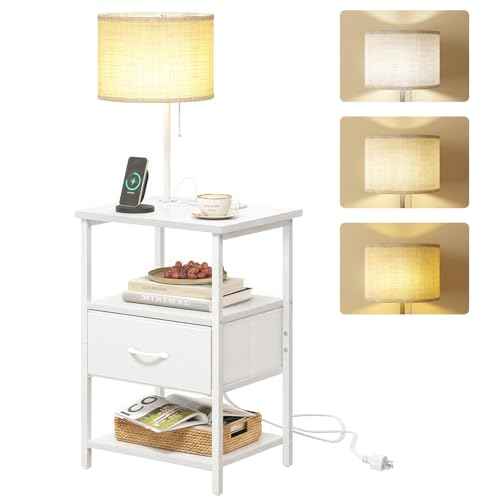 Bedside Table with 3 Color Temperatures Bulb Attached (15.7"D x 11.8"W x 23.5"H (1 drawer) / Power+Lamp (1pc) / White)